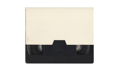 Composition with VHS videocassette partially inside an empty cover sleeve, mockup on white...