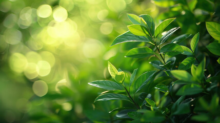 Naklejka premium Lush green leaves with soft bokeh background create serene atmosphere