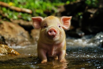 Berkshire Pig. Smiling Farm Animal Piglet. Cute Baby Pig on Agriculture Farm