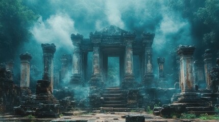 Ancient temple ruins in jungle mist, mystical atmosphere