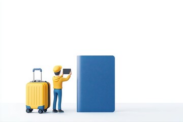 Tiny Tourist Taking Photos in Front of a Blue Book Concept for Cultural Tourism Creative Ideas