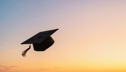 Graduation cap spinning in sunset glow, celebration of achievement