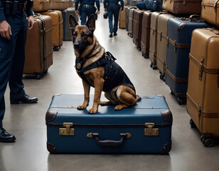 A police dog checks suitcases and bags for drugs and explosives.