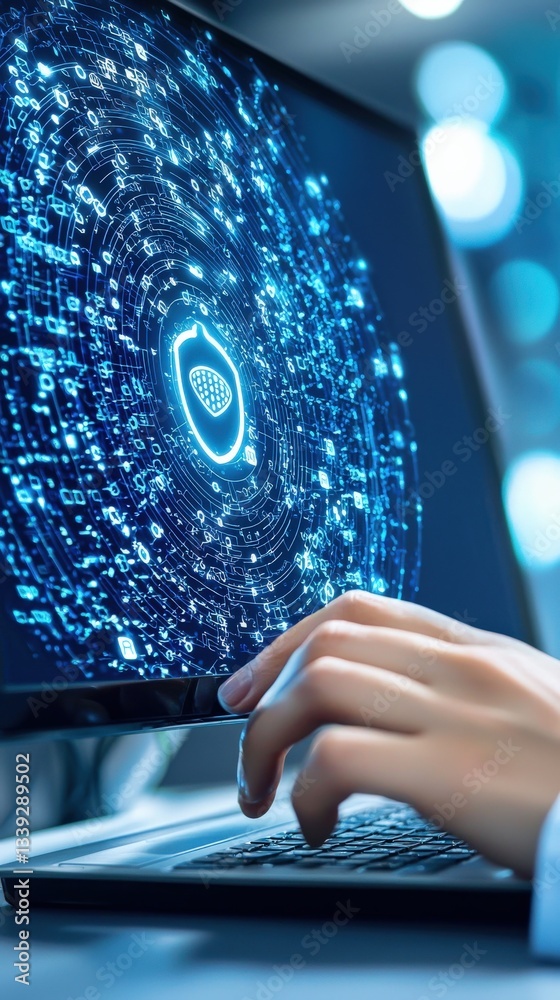 Poster digital security concept with abstract data visualization on screen