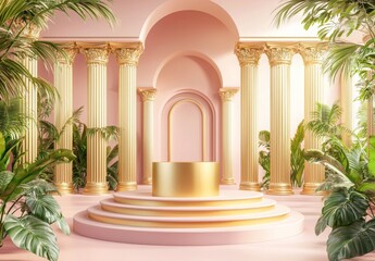 Obraz premium Elegant Pink Interior with Columns and Gold Accents in a Garden
