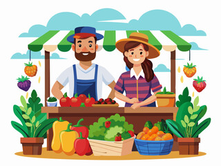 Fototapeta premium Friendly Farmers Selling Fresh Produce at a Market Stall Vector Art