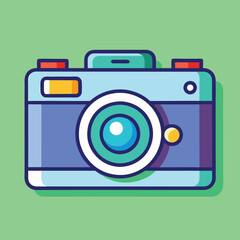 Retro Camera Vector Illustration, A vector illustration of a retro-style camera with a teal body, red stripe, and a large lens, set against a yellow background.
