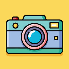 Retro Camera Vector Illustration, A vector illustration of a retro-style camera with a teal body, red stripe, and a large lens, set against a yellow background.
