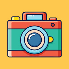 Retro Camera Vector Illustration, A vector illustration of a retro-style camera with a teal body, red stripe, and a large lens, set against a yellow background.
