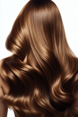 Fototapeta premium Beautiful long shiny brown hair styled in soft waves against a plain background showcasing modern hair trends
