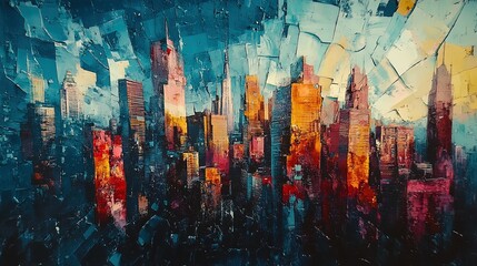 Fototapeta premium An abstract urban skyline with layered facades resembling shattered glass 
