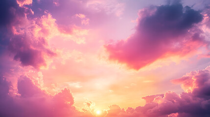Vibrant sunset illuminating a colorful sky with fluffy clouds, creating a serene atmosphere