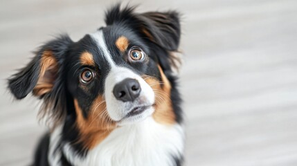 Friendly dog with a playful expression, Australian shepherd with distinctive markings, perfect for pet adoption promotions.