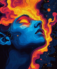 Celestial Dreamscape: A vibrant, abstract portrait of a woman in a state of reverie, with flowing, colorful patterns that evoke a sense of the cosmos and imagination.