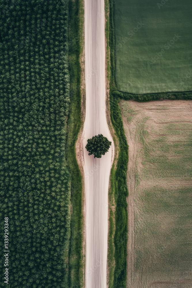 Poster a lone tree on a road in a field