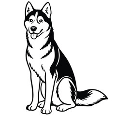 Black and White Husky Dog Sitting – Vector Illustration Isolated on White Background for Pet, Breed, and Design Use, Husky Dog Vector, Sitting Dog Illustration, Black White Pet Art



