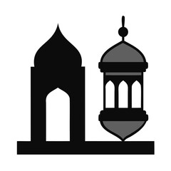 Black traditional Islamic Lantern Beside a mosque silhouette vector illustration isolated on a transparent background