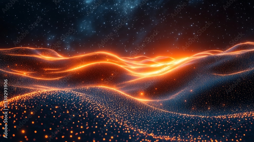 Poster this digital artwork illustrates a mesmerizing quantum landscape, depicting waves of qubits in super
