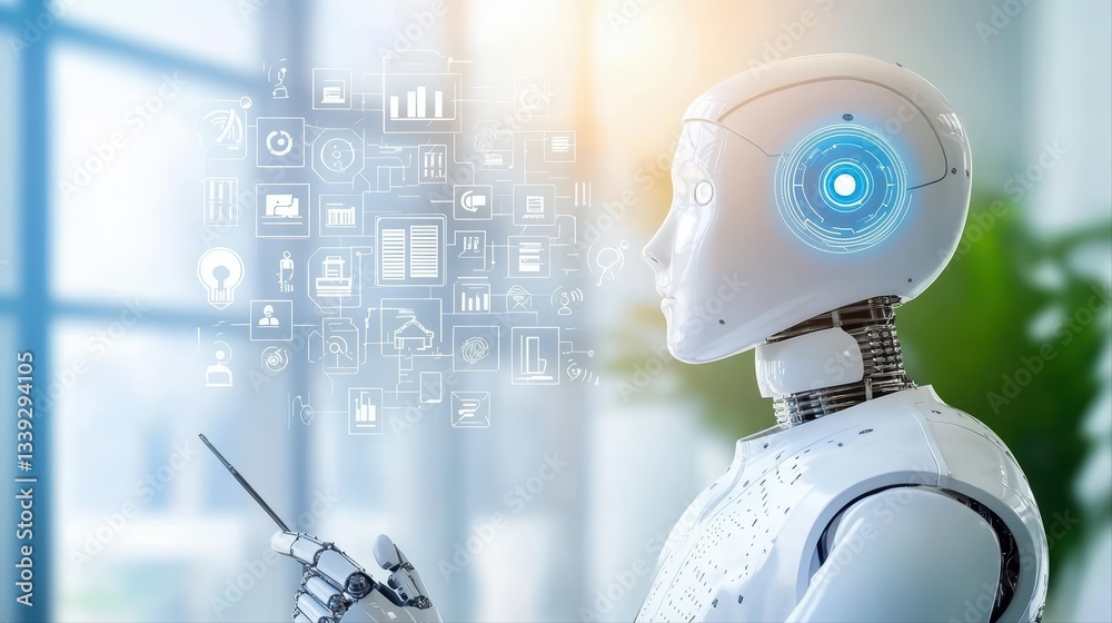 Poster modern industrial automation concept with advanced robot technology and smart factory integration