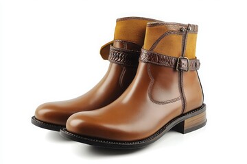 A pair of brown leather ankle boots with buckles and suede accents on a white background studio shot