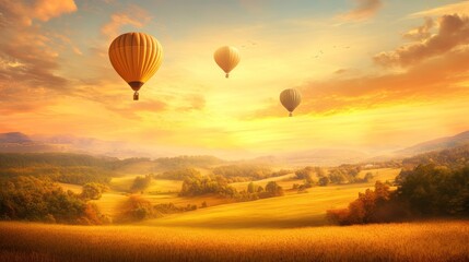Obraz premium Golden Hour Hot Air Balloons Soaring Over Serene Autumn Landscape