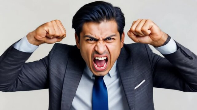 A furious Indian businessman in a suit raising his fists in frustration while shouting. Concept of workplace anger, emotional stress, and professional tension.