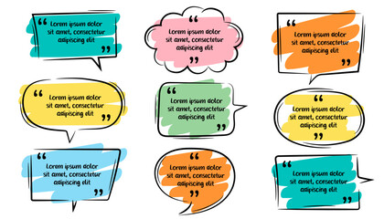 Collection of hand-drawn quotes. Simple colorful frame set. Speech bubbles with color brush pen lines stroke scribble elements.