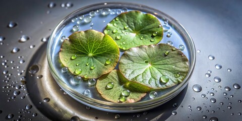 Obraz premium Panoramic Close-up: Centella Asiatica Leaves with Raindrops in Petri Dish - Top View