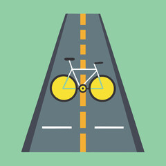Bicycle on Road Vector Illustration, A vector illustration of a white bicycle with yellow wheels on a road with a clear yellow lane marking.
