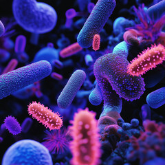 A highly detailed microscopic view of human cells and bacteria in a laboratory setting.