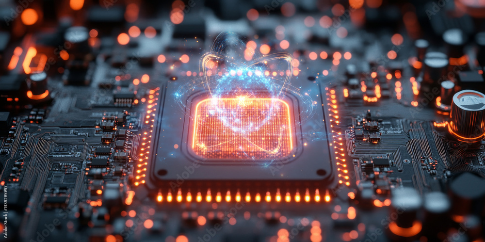 Poster Advanced technology is illustrated with a quantum processor at the center, showcasing the intricate designs and glowing elements that signify active computations.