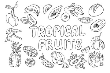 Hand-drawn black and white illustration of various tropical fruits with decorative lettering. A fun and educational coloring page celebrating exotic fruits and healthy eating.