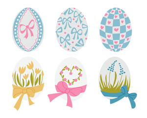 Set of six decorative Easter eggs adorned with bows, floral patterns, and geometric designs. A festive and charming illustration symbolizing the joy and beauty of Easter celebrations.