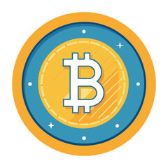 Bitcoin Coin with Bright Circular Design Vector, A vector design of a Bitcoin coin with a bright circular outline and blue background, symbolizing cryptocurrency.
