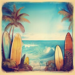 beautiful grunge border frame of summer concept with surfboards, sun and waves with copy space background