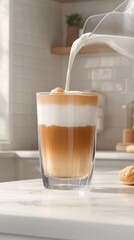 Elegant latte in a clear glass with milk pouring, creating a layered effect; a cozy kitchen vibe.