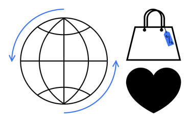 Globe surrounded by arrows, a shopping bag with a price tag, and a heart. Ideal for e-commerce, global trade, consumerism, online shopping, sustainability, worldwide shipping customer satisfaction