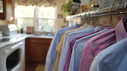 Neatly Hanging Colorful Shirts in a Bright Kitchen During Daylight