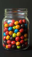 Colorful candy-coated chocolates fill a glass jar, creating a vibrant contrast against a dark background showcasing sweetness.