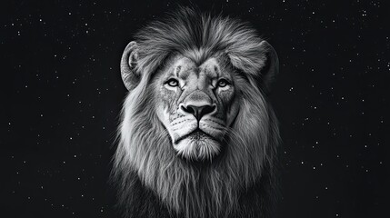 Fototapeta premium Majestic lion emerging from starry night sky black and white portrait