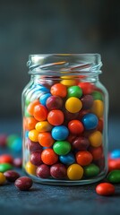 A jar packed with vibrant, colorful candy coated chocolates, offering a delightful and sweet treat in vivid hues.