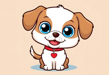 Naklejka premium A cute cartoon puppy with big blue eyes, soft fur, and a red collar with a heart tag. This lovable dog illustration radiates joy and warmth, ideal for pet-themed designs or children’s illustrations.
