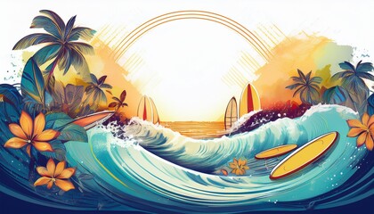 beautiful grunge border frame of summer concept with surfboards, sun and waves with copy space background