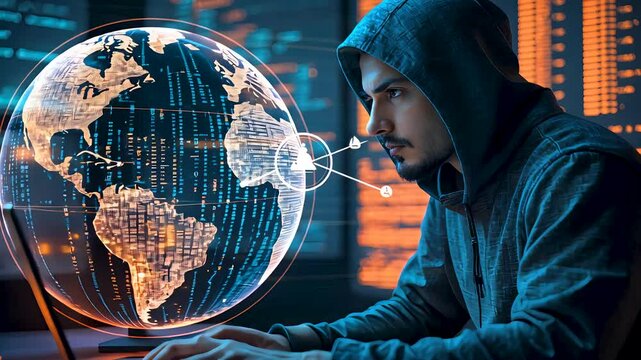 Cybercriminal hacker in a dark hoodie using a laptop with a digital world map and glowing data.
