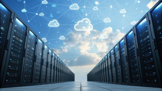 Cloud based file storage technology. Data center with servers under a blue sky and cloud network visualization.