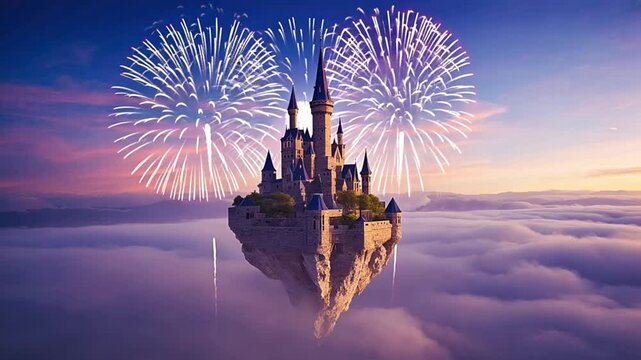 A majestic floating castle surrounded by vibrant fireworks above the clouds at twilight. Concept of magical fantasy, dreamlike wonder, and enchanting imagination.