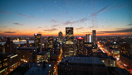 Raindrops on window overlooking city skyline at sunset, urban serenity