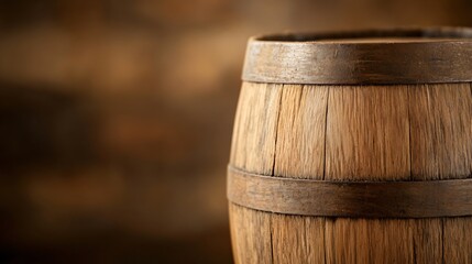 Naklejka premium Rustic wooden barrel, close-up view with smooth grain, ideal for depicting traditional storage, aging beverages, or rustic decor.