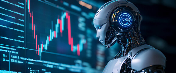 White robot observing stock market data displayed on a screen, showcasing artificial intelligence in finance, representing technological advancement and future of trading