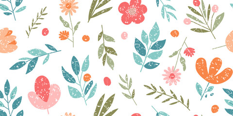 Spring flower crayon seamless pattern, cute kid pastel floral background, color chalk childish plant print, pencil garden bg, bloom and leaf charcoal wallpaper. Painting hand drawn vector illustration
